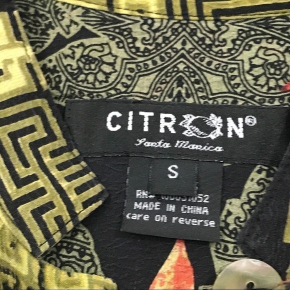 Citron Santa Monica Small 100% Silk Blouse Leaf Pattern Long Sleeve. - Picture 10 of 11